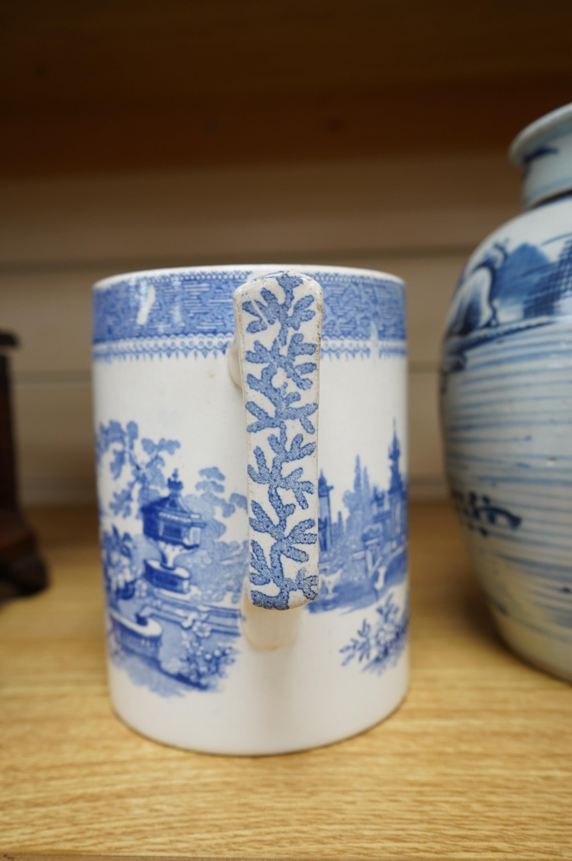 A 19th century Chinese blue and white ginger jar and cover and two pieces of Staffordshire blue-printed pottery, tallest 21cm. Condition - fair